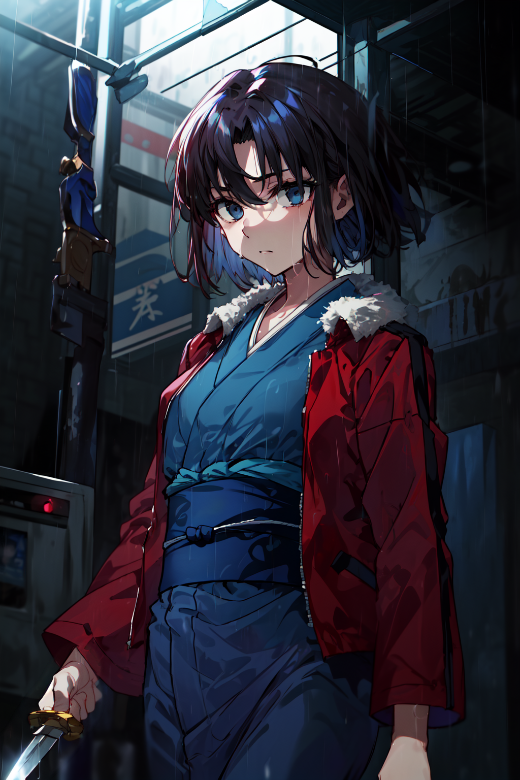 masterpiece,best quality,1girl,ryougi shiki,red jacket,obi,blue kimono,expressionless,holding knife,knife,night,rain,<lora...